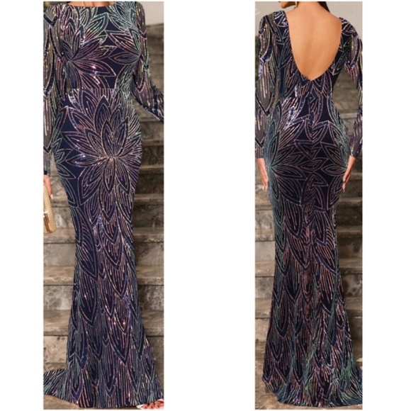 Luxe Sequin Low Back Long Sleeve Formal Evening Party Wedding Dress - Picture 1 of 12